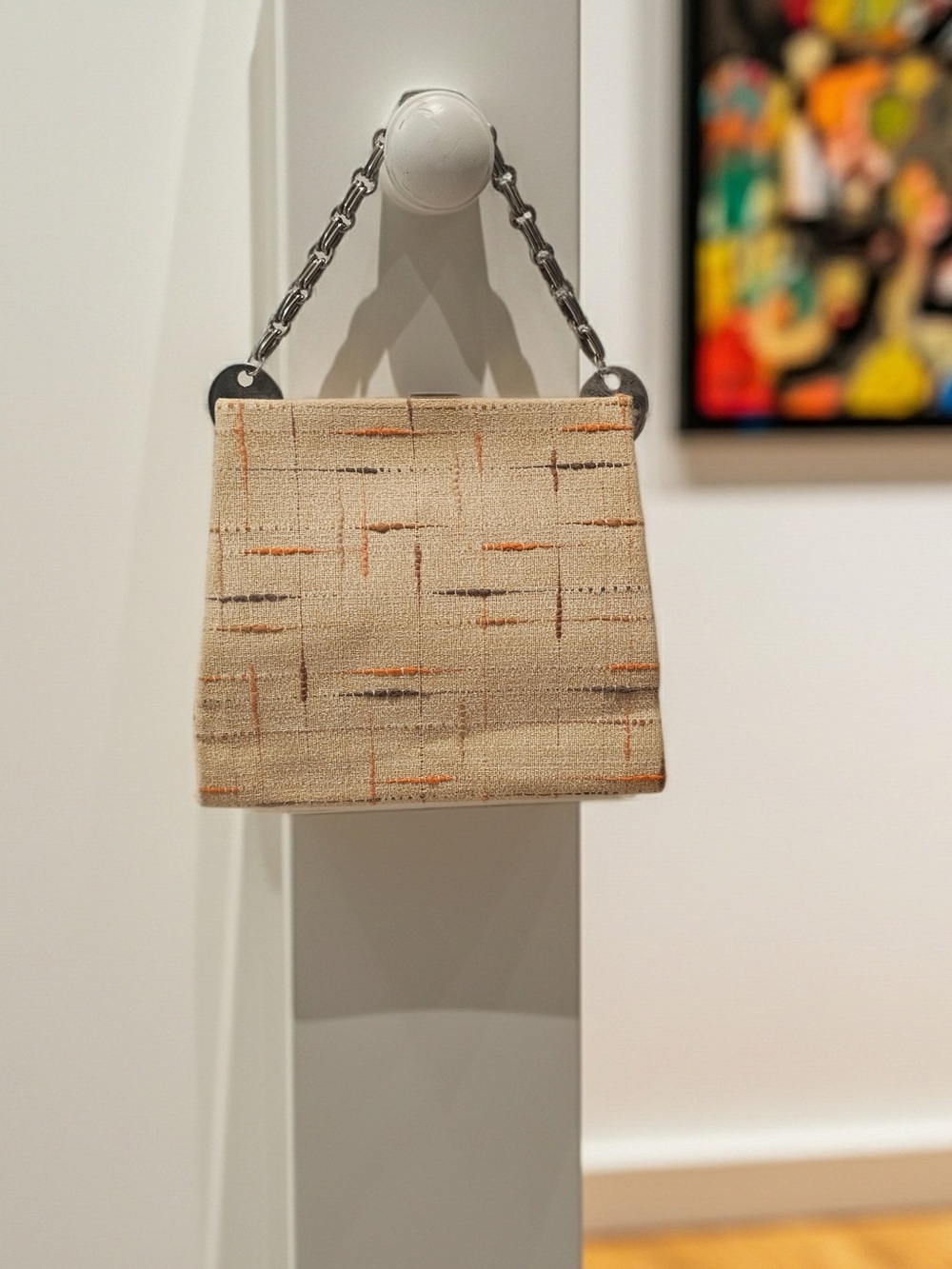 Vintage Mid Century Linen Box Purse Chain Handle Kiss Lock Handbag